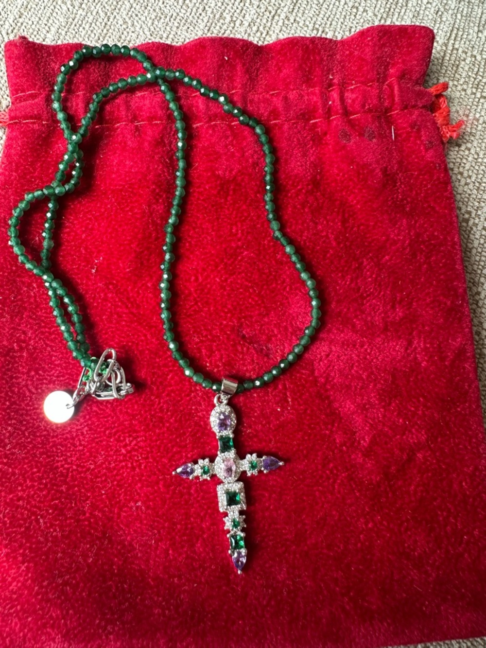 Hand Made Green Beaded Cross Pendant Necklace